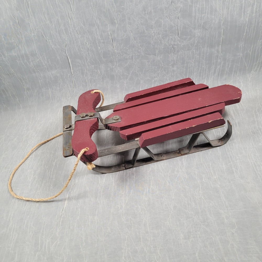 Rustic Holiday Decorative Sled Home Decor Burgundy Wood Metal Runners Jute Rope